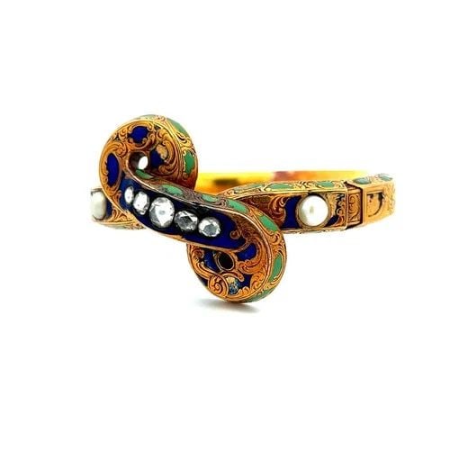 18K YG BANGLE BRACELET WITH 1.5 CARAT ROSE CUT DIAMONDS & ENAMEL AND PEARL: 18K YG BANGLE BRACELET WITH 1.5 CARAT ROSE CUT DIAMONDS & ENAMEL AND PEARL 18K YG BANGLE BRACELET WITH 1.5 CARAT ROSE CUT DIAMONDS & ENAMEL AND PEARL PRODUCT DESCRIPTION Video: Video Link Detailed Des