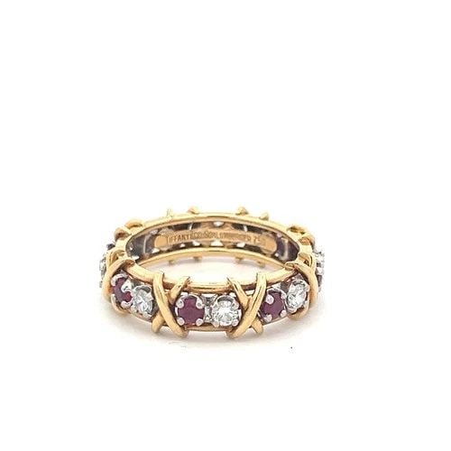 TIFFANY & CO 18K TWO TONE GOLD BAND RING WITH 0.57CT DIAMONDS 0.65CT RUBY SIZE 9 (1 of 2)