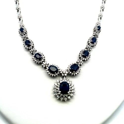 SAPPHIRE & DIAMOND RIVIERA NECKLACE 6.50CT OVALS 4.00CT H VS IN 18K WHITE GOLD (1 of 2)
