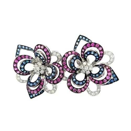18K WG FLORAL CLIP ON PIN EARRINGS WITH 1.85 CT ROUND DIAMONDS AND 8 CT SAPPHIRE (1 of 2)