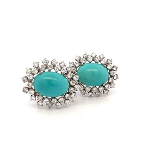 VINTAGE 14K WHITE GOLD CLIP-ON EARRINGS WITH TURQUOISE AND 3.1 CARAT DIAMONDS: VINTAGE 14K WHITE GOLD CLIP-ON EARRINGS WITH TURQUOISE AND 3.1 CARAT DIAMONDS Detailed Description: These stunning vintage clip-on earrings feature a bold design with 14 karat white gold, showcasing t