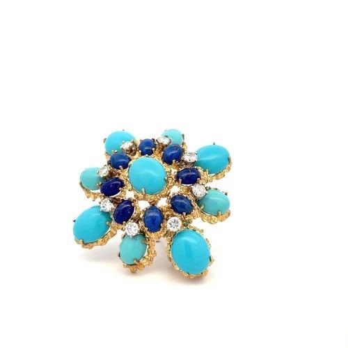 VINTAGE 18K YG PIN BROOCH WITH 1.2 CARAT ROUND DIAMONDS, OVAL LAPIS & TURQUOISE: VINTAGE 18K YG PIN BROOCH WITH 1.2 CARAT ROUND DIAMONDS, OVAL LAPIS & TURQUOISE Detailed Description: Radiate elegance with this vintage 18 karat yellow gold pin brooch, featuring a captivating arrang
