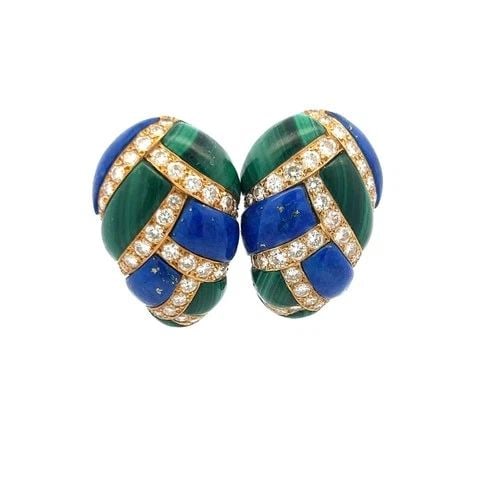 4.50CT ROUND BRILLIANT DIAMOND, LAPIS & MALACHITE CLIP-ON EARRINGS IN 18K GOLD (1 of 2)