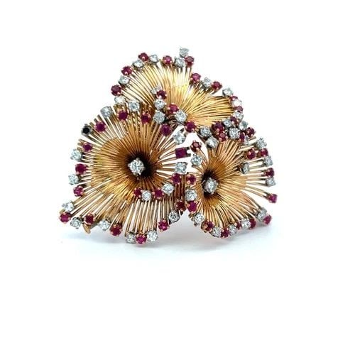2.50 CARAT ROUND DIAMOND 1.90 CARAT RUBY 18 KARAT YELLOW GOLD PIN BROOCH (1 of 2)