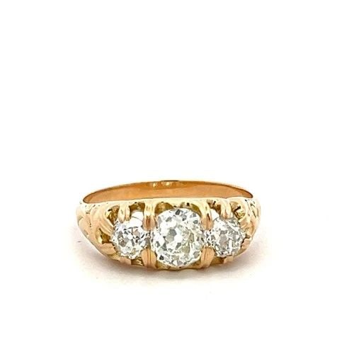 18K YG THREE-STONE RING WITH 1.41 CARAT OLD MINER CUT DIAMONDS SIZE 6.5 GIA (1 of 2)