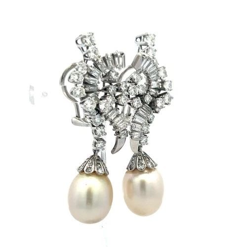18K WG DANGLING EARRINGS WITH 4.25 CARAT DIAMONDS & 12.1 - 13.5MM PEARL (1 of 2)