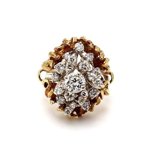 1.37 CARAT ROUND BRILLIANT DIAMOND 18K TWO TONE GOLD/PLATINUM COCKTAIL RING: 1.37 CARAT ROUND BRILLIANT DIAMOND 18K TWO TONE GOLD/PLATINUM COCKTAIL RING 1.37 Carat Round Brilliant Diamond 18 Karat Two Tone Gold/Platinum Cocktail Ring 18k Multi-Tone Gold Engagement Ring Details