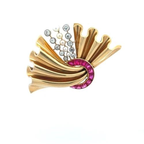 2.00 CARAT RUBELLITE PEARL 0.80 CARAT DIAMOND 18K Y-W GOLD PIN BROOCH (1 of 1)