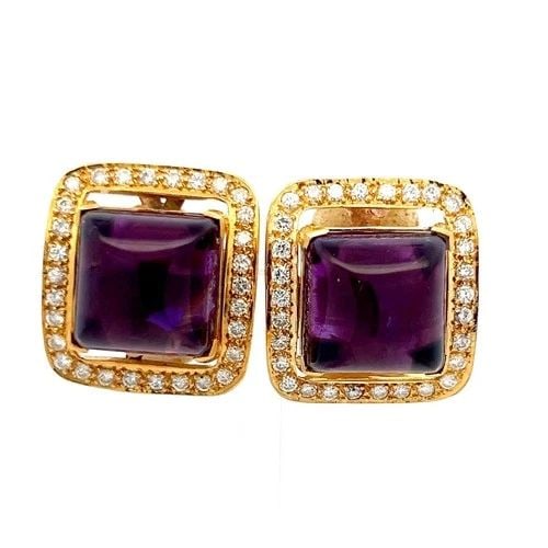 27.50 CARAT AMETHYSTS 1.30 CARAT ROUND BRILLIANT DIAMOND 18K YG CLIP ON EARRINGS: 27.50 CARAT AMETHYSTS 1.30 CARAT ROUND BRILLIANT DIAMOND 18K YG CLIP ON EARRINGS PRODUCT DESCRIPTION Title: 27.50 Carat Cushion Modified Brilliant Cut Amethysts 1.30 Carat Round Brilliant G VS1 Diamon