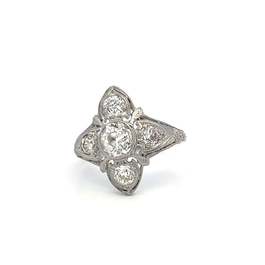 VINTAGE PLATINUM ART DECO RING WITH 1.84 CARAT OLD EUROPEAN CUT DIAMONDS SIZE 6: VINTAGE PLATINUM ART DECO RING WITH 1.84 CARAT OLD EUROPEAN CUT DIAMONDS SIZE 6 Video: Video Link Detailed Description: Elevate your elegance with this stunning Art Deco platinum ring, featuring a bri