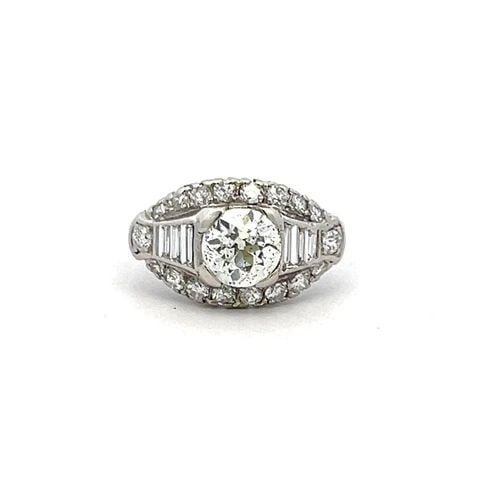 1.94 CARAT OLD EUROPEAN AND ROUND AND BAGUETTE SHAPE 14K WG/PLAT ART DECO RING: 1.94 CARAT OLD EUROPEAN AND ROUND AND BAGUETTE SHAPE 14K WG/PLAT ART DECO RING Title: 1.94 Carat Old European Cut G-J SI1 and Round Brilliant G I1-SI1 and Baguette Shape G I1 Diamond 14 Karat White Go
