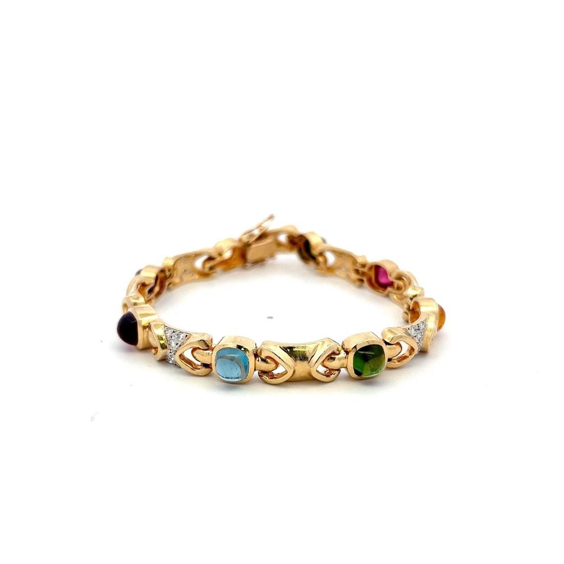 14K YG LINK BRACELET WITH 0.48 CARAT ROUND G-SI DIAMONDS & MULTI-GEMSTONES: 14K YG LINK BRACELET WITH 0.48 CARAT ROUND G-SI DIAMONDS & MULTI-GEMSTONES Video: Video Link Detailed Description: This vintage bracelet showcases a luxurious blend of 14 karat yellow gold and an arra
