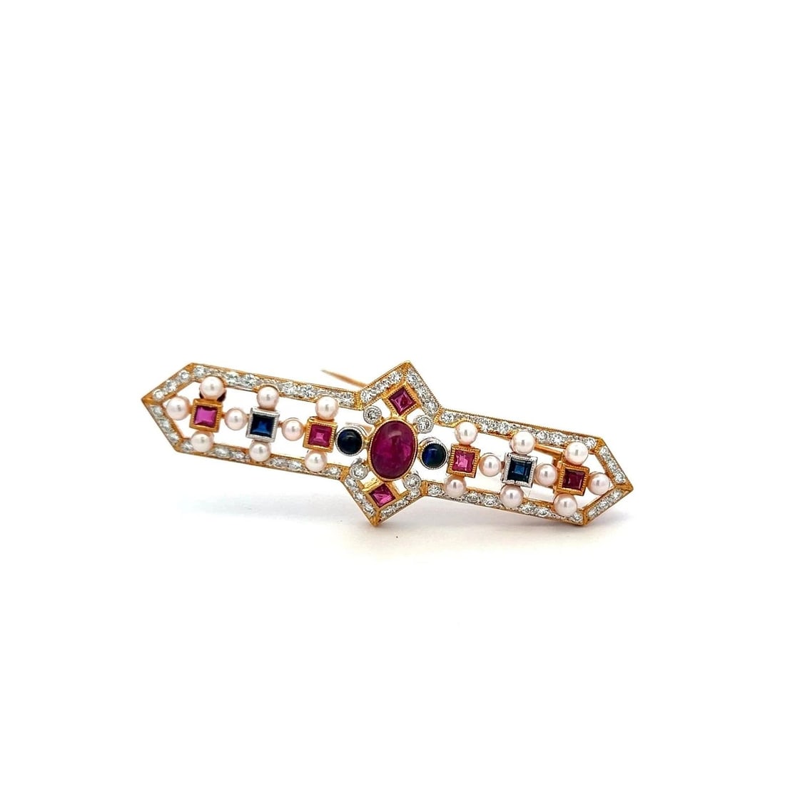 RUBY SAPPHIRE & DIAMOND 18K YELLOW GOLD VINTAGE PIN BROOCH 1.04CT DIAMOND (1 of 1)