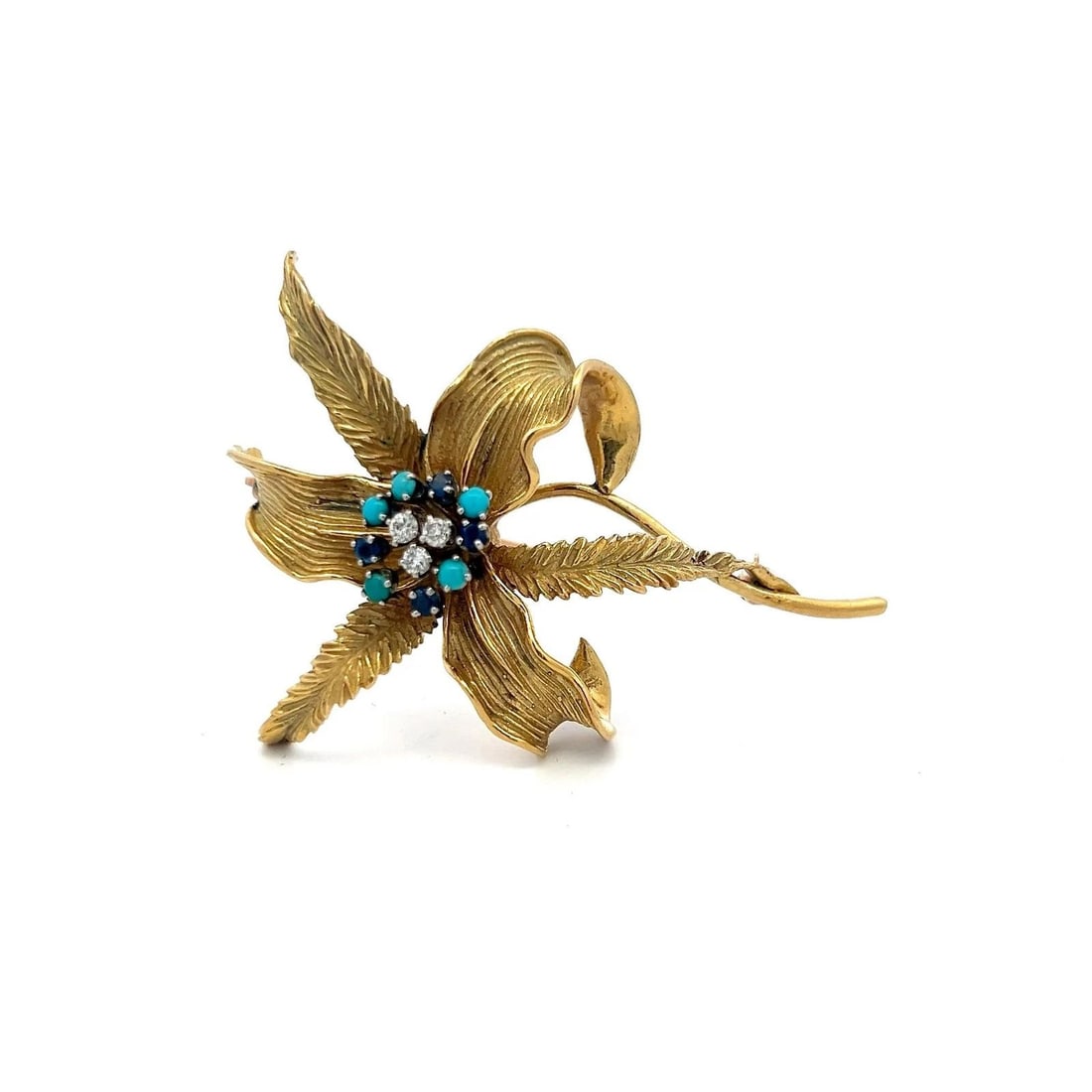18K YG PIN BROOCH WITH 0.09CT DIAMONDS 0.12CT SAPPHIRES & 2.1 MM TURQUOISE: 18K YG PIN BROOCH WITH 0.09CT DIAMONDS 0.12CT SAPPHIRES & 2.1 MM TURQUOISE PRODUCT DESCRIPTION Detailed Description: Experience timeless elegance with this vintage 18K yellow gold pin brooch, masterfu