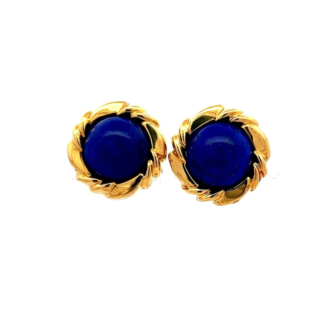 .8 MM LAPIS LAZULI 18K YELLOW GOLD CLIP-ON EARRINGS – VINTAGE BLUE CABOCHON STUD: .8 MM LAPIS LAZULI 18K YELLOW GOLD CLIP-ON EARRINGS – VINTAGE BLUE CABOCHON STUD Title: These stunning vintage 18K yellow gold clip-on earrings feature two deep royal blue lapis lazuli cabochons, ea