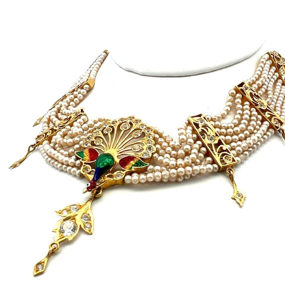 2.50 CARAT ROUND BRILLIANT CZ 22 KARAT YELLOW GOLD PEACOCK MOTIF NECKLACE (1 of 1)