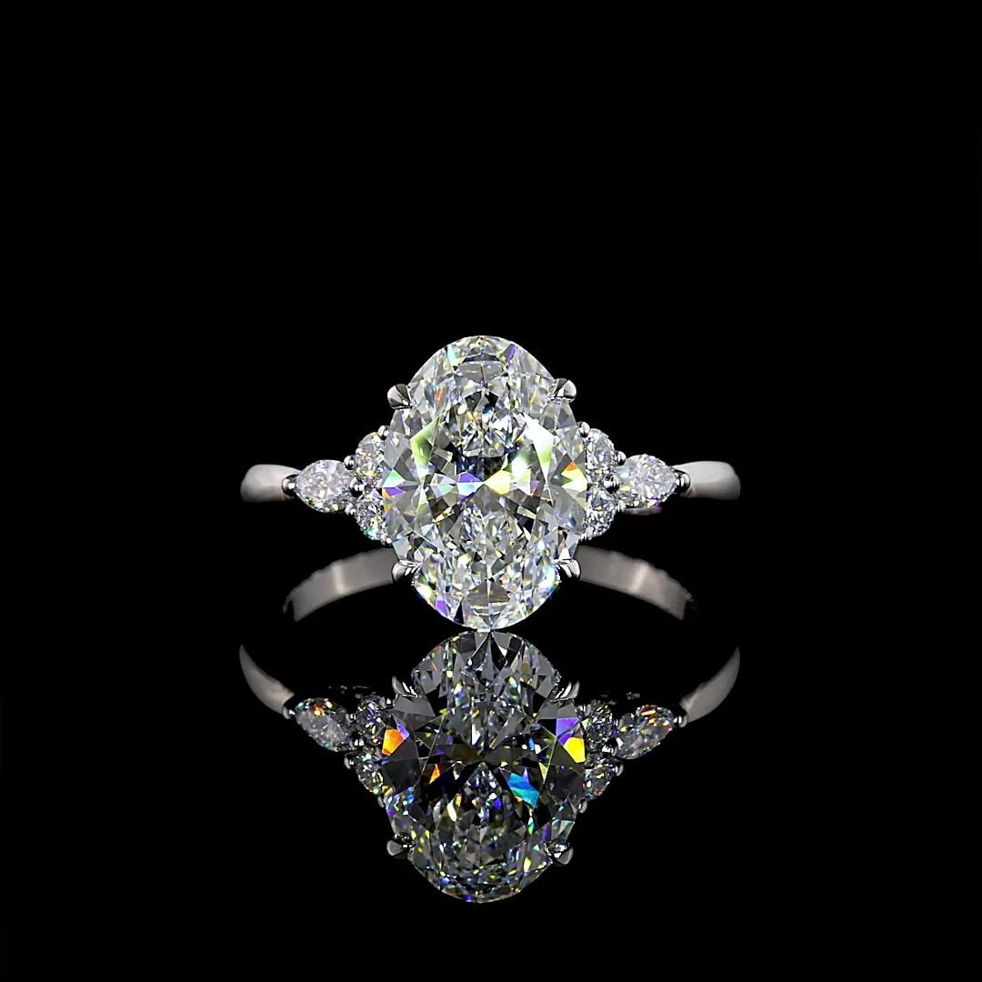 LAB-GROWN 2.81 CARAT OVAL E-F-VS1 DIAMOND PLATINUM THREE STONES RING: LAB-GROWN 2.81 CARAT OVAL E-F-VS1 DIAMOND PLATINUM THREE STONES RING Title: High-quality Brand-New Echo Friendly Elegant Lab-Grown 2.81 Carat Oval E-F-VS1 Diamond Platinum Three Stones Ring Video Link
