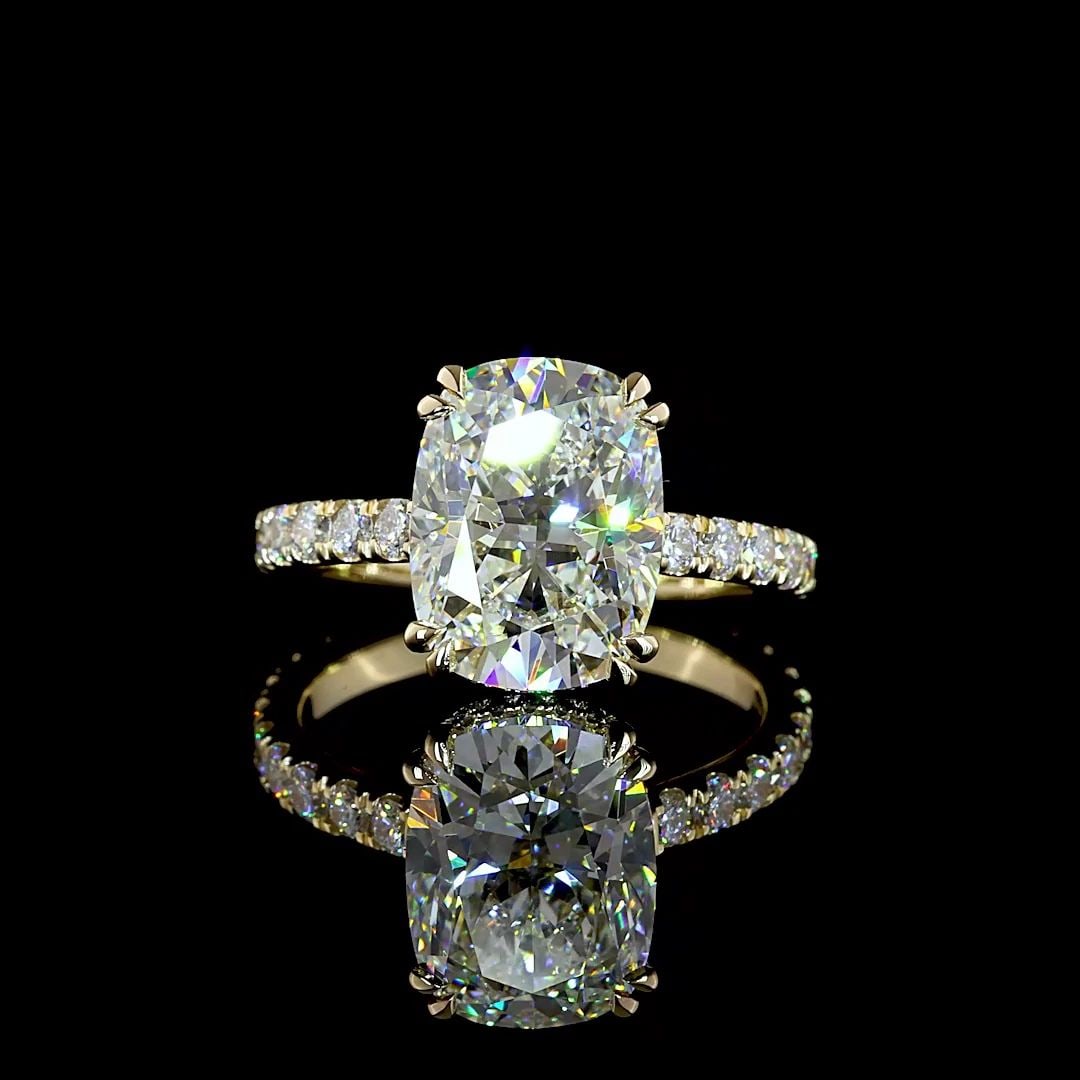 LAB-GROWN 4.81 CARAT CUSHION BRILLIANT E-F-VVS2 DIAMOND 14K YG HIDDEN HALO RING: LAB-GROWN 4.81 CARAT CUSHION BRILLIANT E-F-VVS2 DIAMOND 14K YG HIDDEN HALO RING PRODUCT DESCRIPTION Title: High-quality Brand-New Echo Friendly Elegant Lab-Grown 4.81 Carat Cushion Brilliant E-F-VVS2 