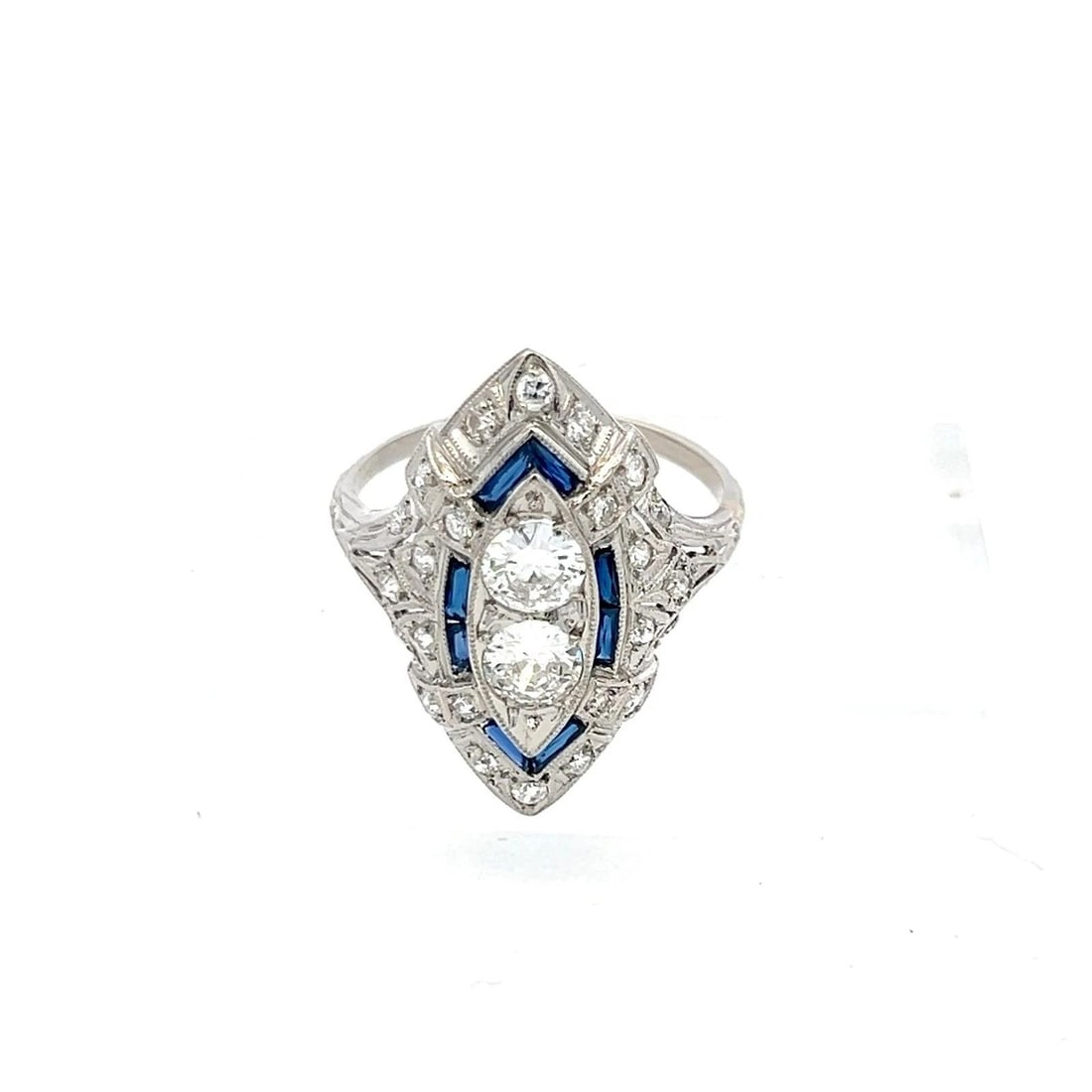 PLATINUM ART DECO RING WITH 1 CARAT DIAMOND & 0.32 CARAT SAPPHIRE SIZE 8.75: PLATINUM ART DECO RING WITH 1 CARAT DIAMOND & 0.32 CARAT SAPPHIRE SIZE 8.75 Video: Video Link Detailed Description: Celebrate timeless elegance with this Art Deco platinum ring, a vintage masterpiece 