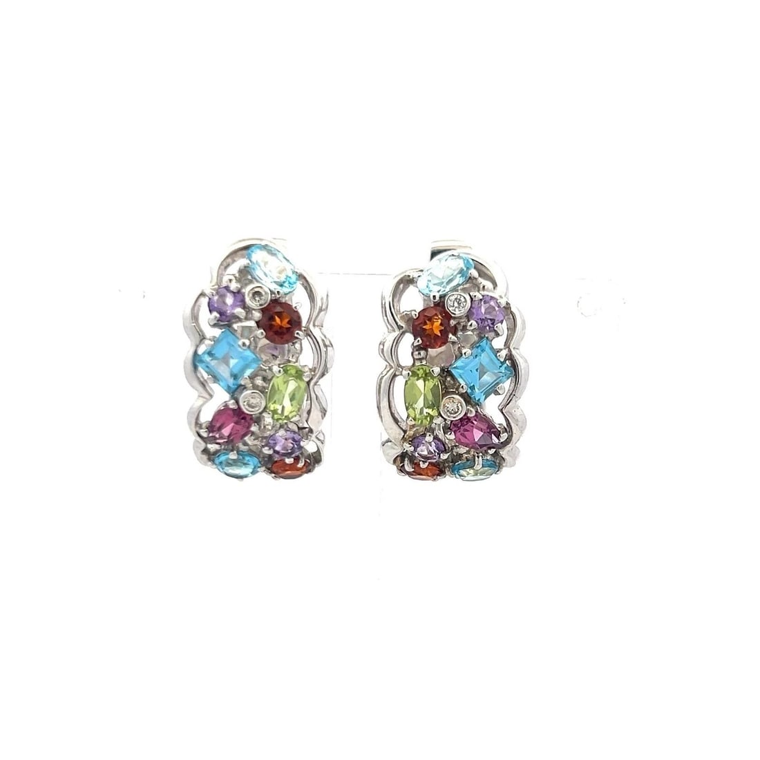 18K WHITE GOLD HUGGIE EARRINGS WITH 0.04 CARAT DIAMONDS & 4 CARAT MULTI-GEMS (1 of 1)
