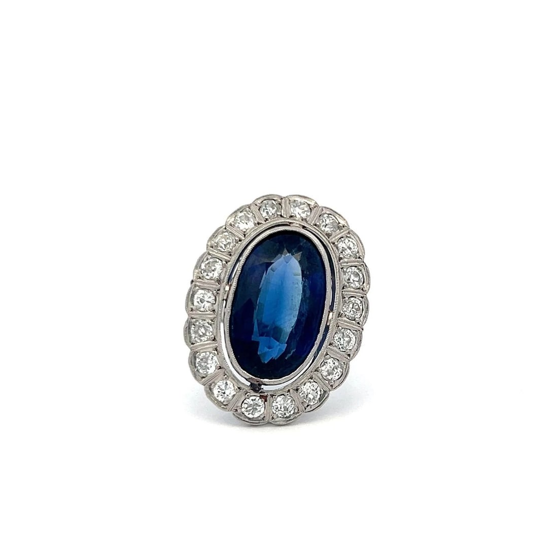 PLATINUM HALO RING WITH 1.6 CARAT DIAMONDS & 8.96 CARAT SYNTHETIC STONE SIZE 6.5: PLATINUM HALO RING WITH 1.6 CARAT DIAMONDS & 8.96 CARAT SYNTHETIC STONE SIZE 6.5 Detailed Description: Embrace timeless elegance with this luxurious vintage halo ring, meticulously crafted in platinum