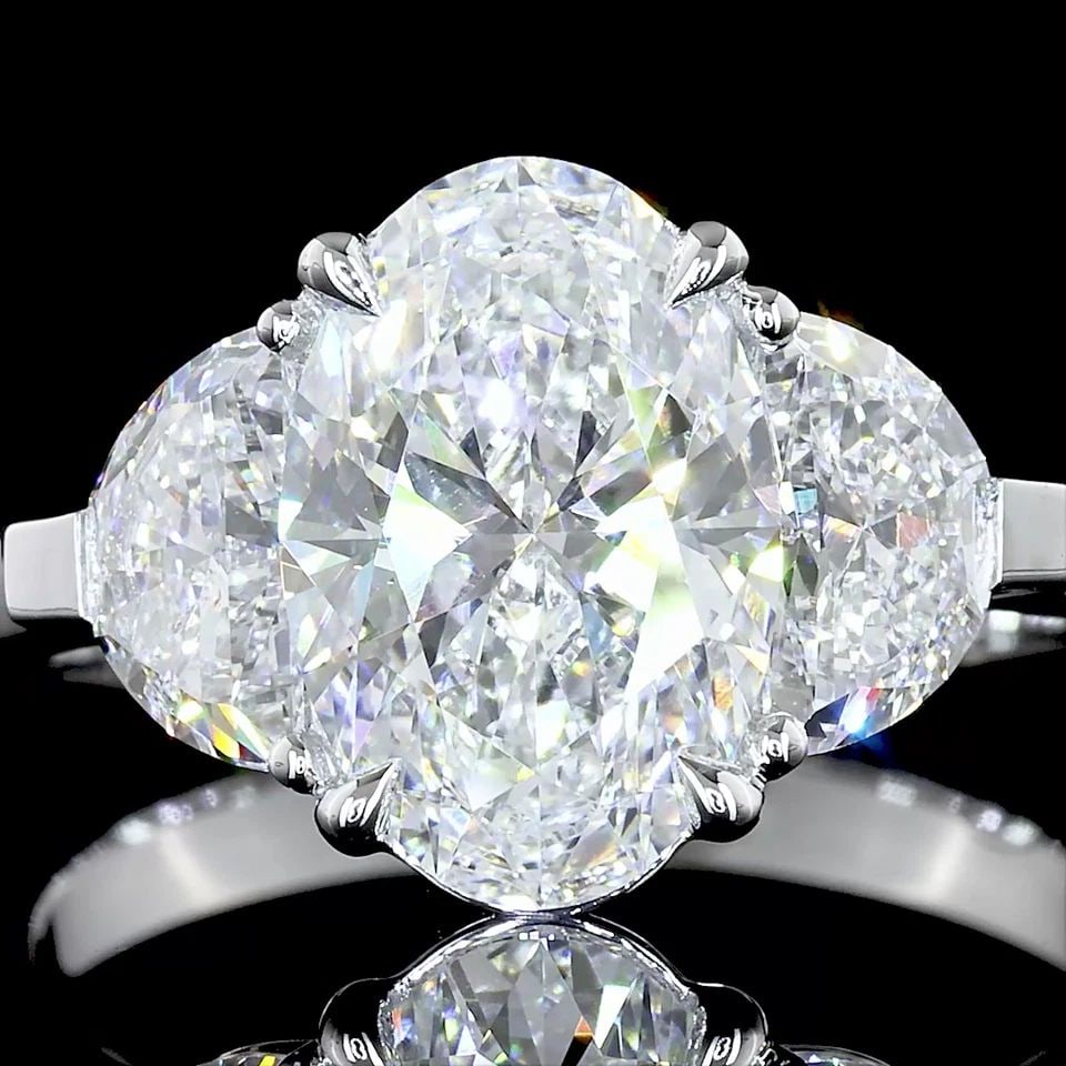 LAB-GROWN 2.87 CARAT OVAL E-VS2 DIAMOND 14K WHITE GOLD 3 STONES RING: LAB-GROWN 2.87 CARAT OVAL E-VS2 DIAMOND 14K WHITE GOLD 3 STONES RING Title: High-quality Brand-New Echo Friendly Elegant Lab-Grown 2.87 Carat Oval E-VS2 Diamond 14K White Gold 3 Stones Ring Video Link