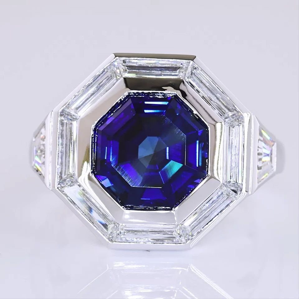 LAB-GROWN 1.84 CARAT OCTAGON BLUE-VS2 DIAMOND 14K WHITE GOLD HALO RING (1 of 1)