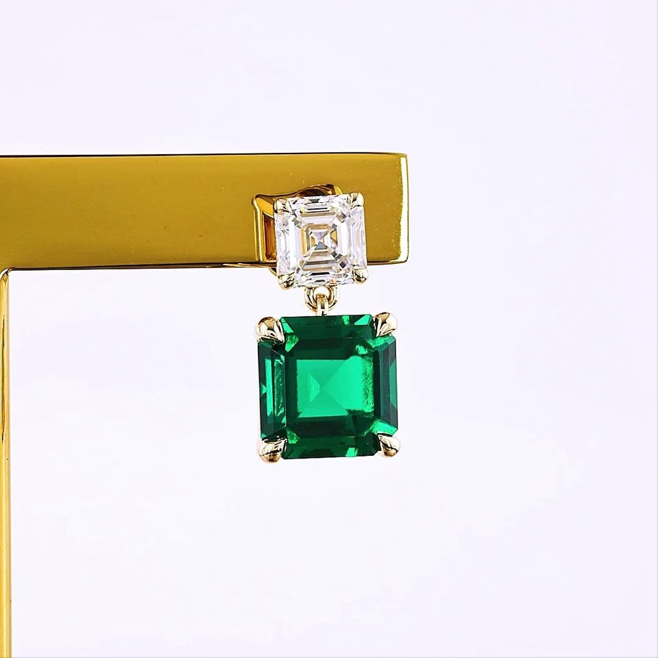 LAB-GROWN 5.52 CARAT ASSCHER GREEN EMERALD-VS1 DIAMOND 14K YG HANGING EARRINGS (1 of 1)