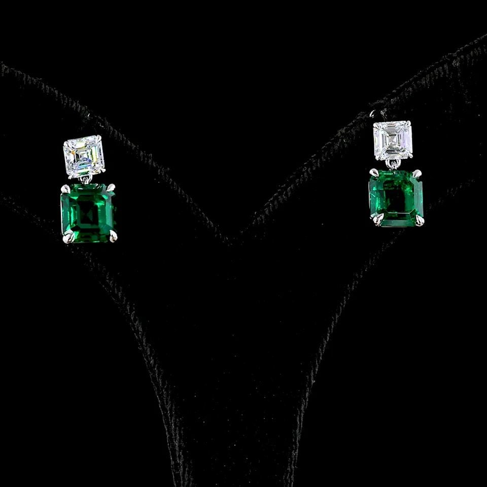 LAB-GROWN 5.75 CARAT ASSCHER GREEN EMERALD-VS DIAMOND 14K WG HANGING EARRINGS (1 of 1)