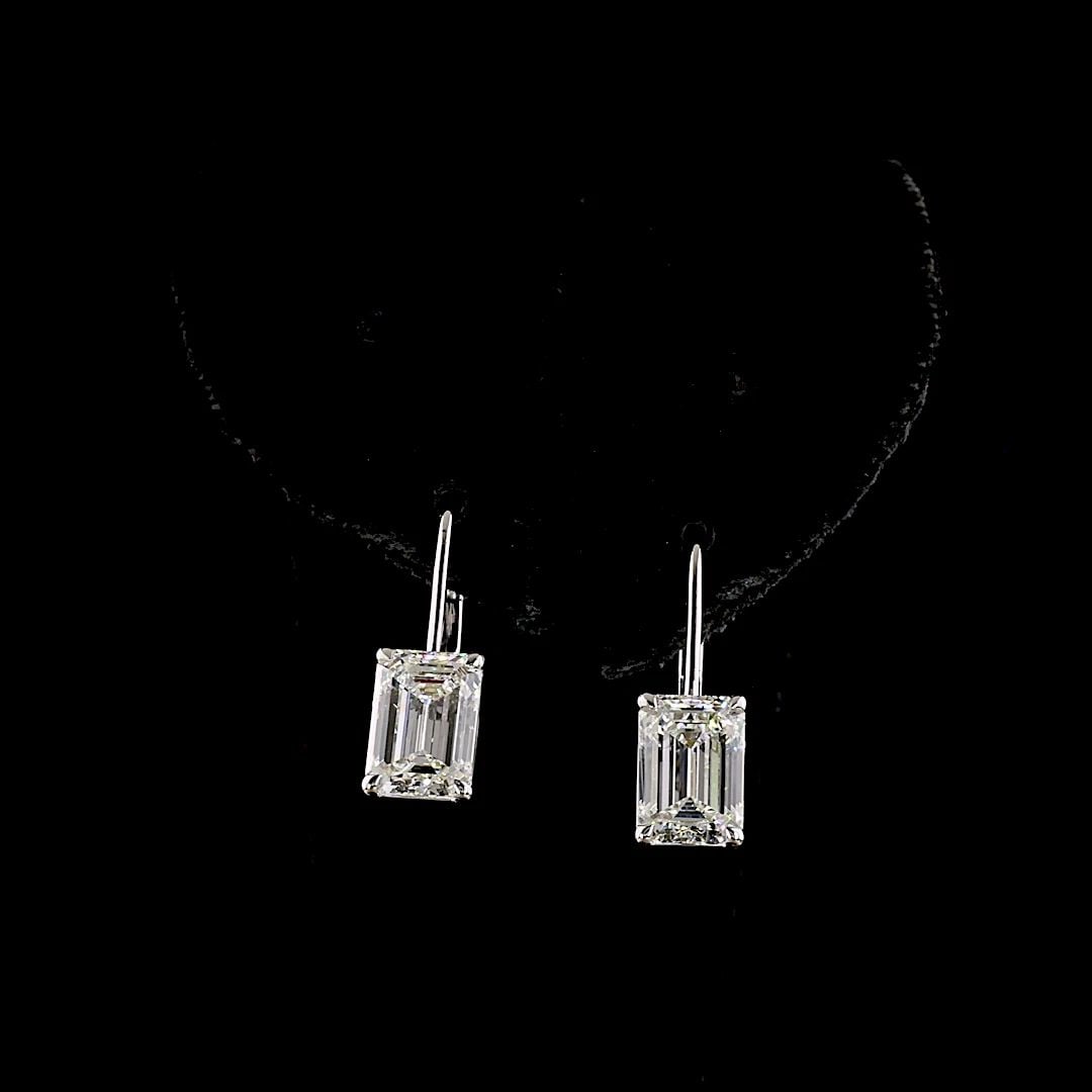LAB-GROWN 4.22 CARAT EMERALD E-F-VS1 DIAMOND 14K WHITE GOLD HANGING EARRINGS (1 of 2)