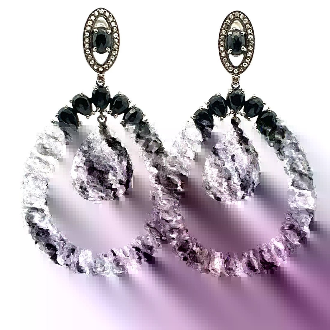 34.32 CARAT BLACK MIX CUT AND ROUND K I2 DIAMOND WHITE SILVER DANGLING EARRINGS (1 of 1)