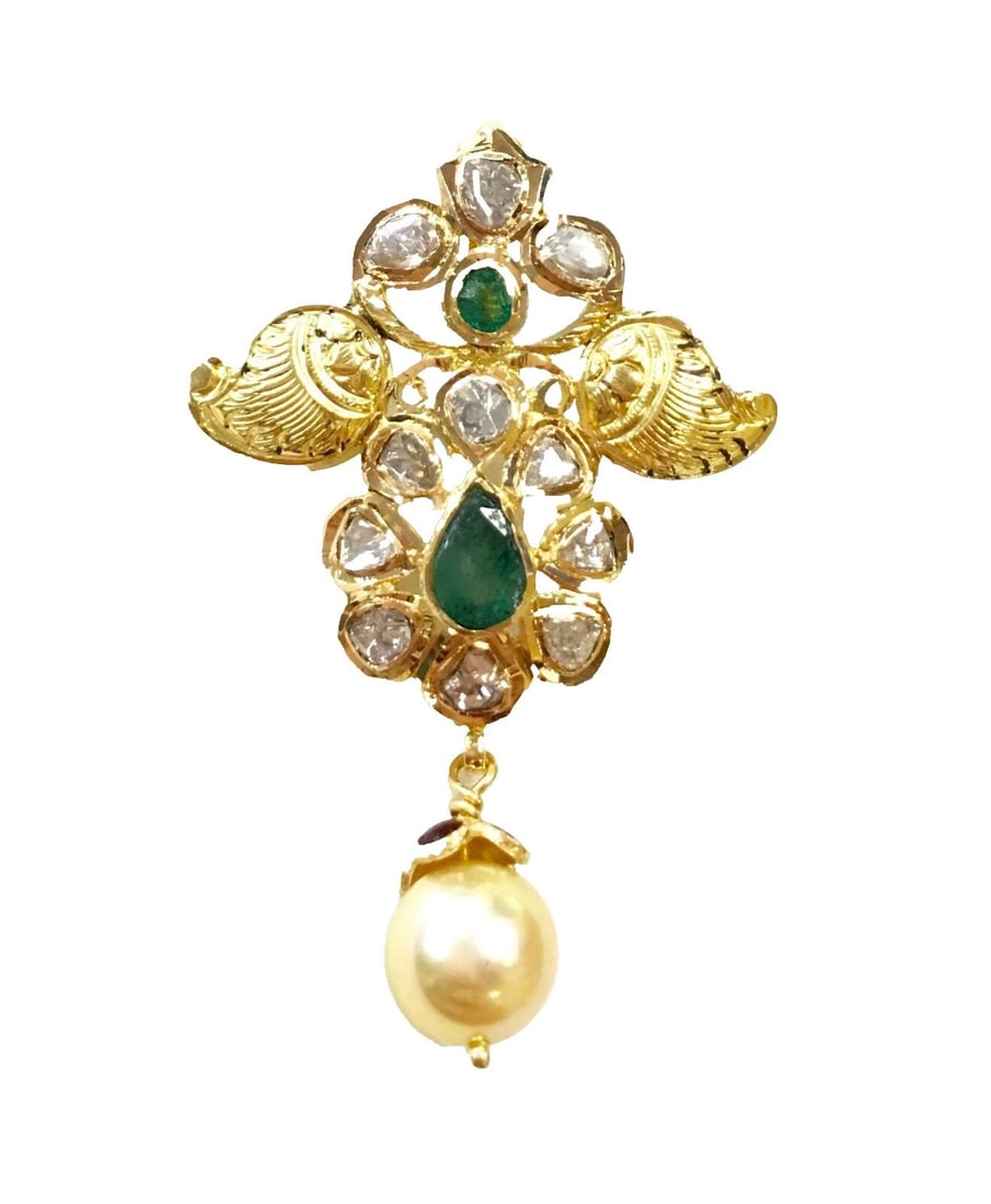 22K YELLOW GOLD HAND MADE PENDANT WITH DIAMONDS, EMERALDS, AND A PEARL ( 9.4G ) (1 of 2)