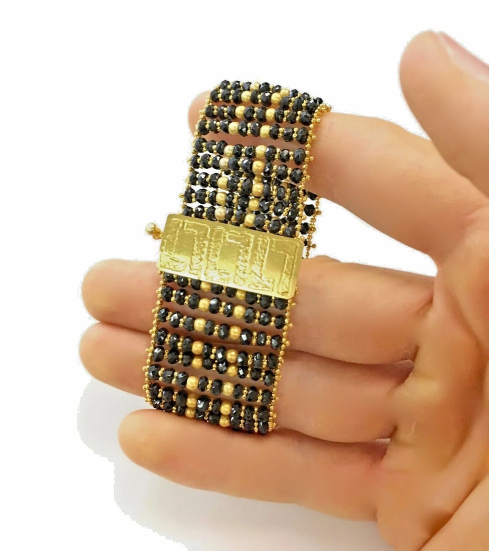 14K YELLOW GOLD & BLACK ONYX BEADED STYLE BRACELET ( 7 INCHES ) 43G (1 of 2)