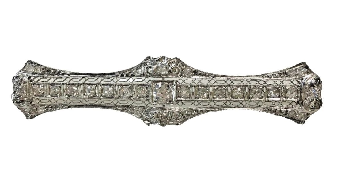 ANTIQUE PLATINUM / 14K WHITE GOLD FILIGREE BROOCH, 1.5CTS NATURAL DIAMONDS 7.6G (1 of 2)