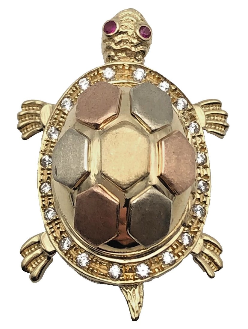 14K GOLD MOVING TURTLE PENDANT WITH CUBIC ZIRCONIA AND RUBIES 12.6 GRAMS (1 of 2)