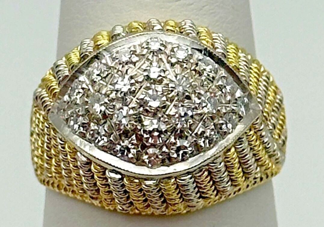 18K GOLD TWO TONED EYE SHAPE RING, 0.75CTS VVS/VS DIAMONDS ( SIZE 8.5 ) 8.9G: 18K GOLD TWO TONED RING EYE SHAPE RING WITH 0.75CTS VVS/VS DIAMONDS SIZE: 8.5 18k Gold Two Toned Ring Eye Shape ring with 0.75cts VVS/VS Diamonds Condition: Used Material: 18k Yellow & White Gold, two