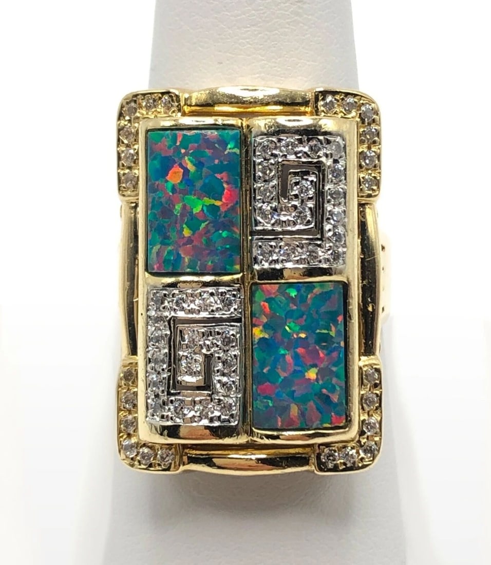 14K GOLD RECTANGLE RING, SYNTHETIC OPALS, 0.58CTS DIAMONDS ( SIZE: 9.25 ) 12.9G (1 of 2)