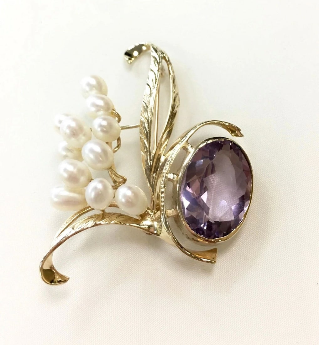 14K YELLOW GOLD BROOCH WITH AMETHYST AND PEARL 9.7 GRAMS (1 of 1)
