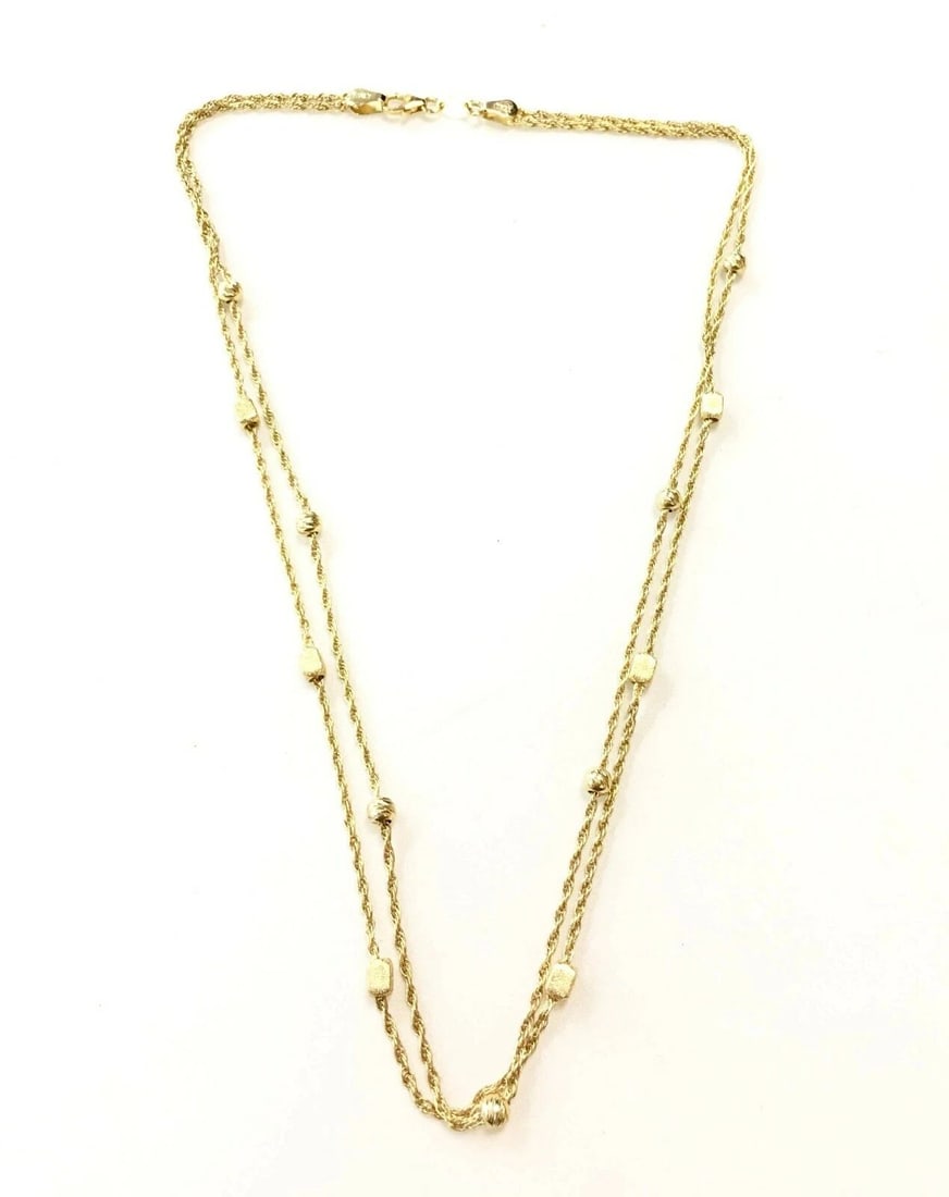 14K GOLD MILROS DOUBLE ROPE STYLE NECKLACE WITH CHARMS ( 18 INCH ) 8.9G: 14K YELLOW GOLD MILROS NECKLACE 14k Yellow Gold Milros Necklace You are bidding on a pre-owned 14k Yellow Gold Milros Necklace. There are few minor scratches on the necklace from normal wear and tear.