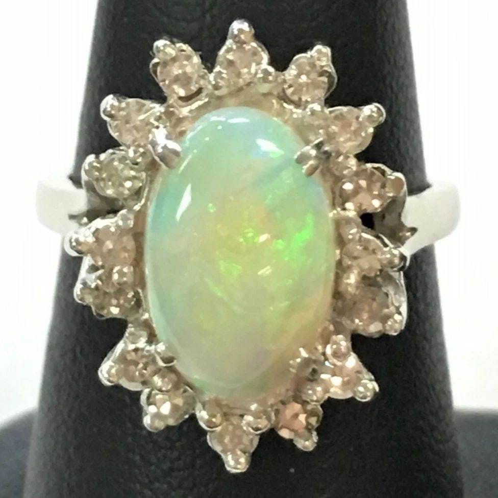 14K WHITE GOLD RING WITH NATURAL OPAL AND 0.35CTW DIAMONDS ( SIZE: 5.75 ) (1 of 2)