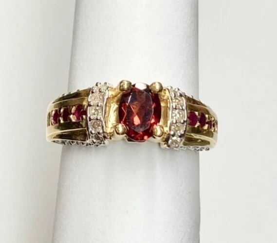 NEW WOMEN'S 14K YELLOW GOLD RING WITH NATURAL RUBY, GARNET AND DIAMONDS 7.9 GRAM (1 of 2)