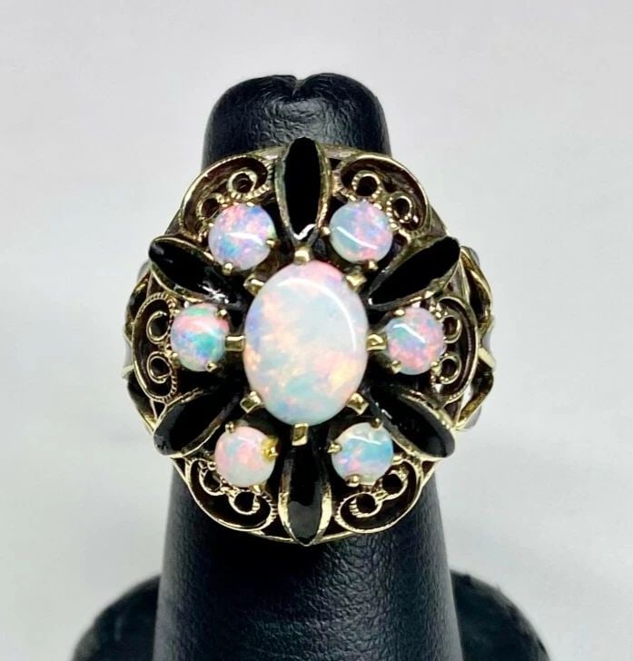 VINTAGE 10K GOLD RING, NATURAL OPAL AND BLACK PORCELAIN INLAY ( SIZE: 6 ) 11.3G (1 of 2)