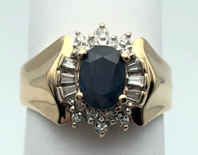 14K GOLD RING WITH NATURAL 1.1CT SAPPHIRE AND 0.25CTS DIAMONDS (SIZE: 6.5) 4.9G (1 of 2)
