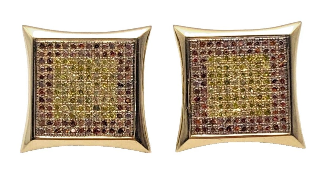10K GOLD SQUARE EARRINGS WITH 1.50CTS OF YELLOW & RED DIAMONDS 4.1G: 10K YELLOW GOLD KITE SHAPED SQUARE EARRINGS WITH 1.50CTS YELLOW & RED DIAMONDS 10k Yellow Gold Kite Shaped Square Earrings with 1.50CTS Yellow & Red Diamonds You are bidding on a pre-owned 10k Yellow 