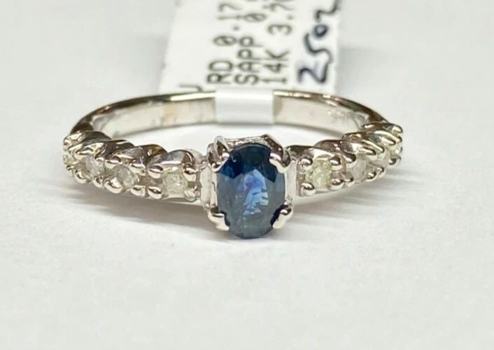 NEW 14K WHITE GOLD RING WITH 0.57CT SAPPHIRE AND DIAMOND (SIZE 6.75) 3.6 GRAM (1 of 2)