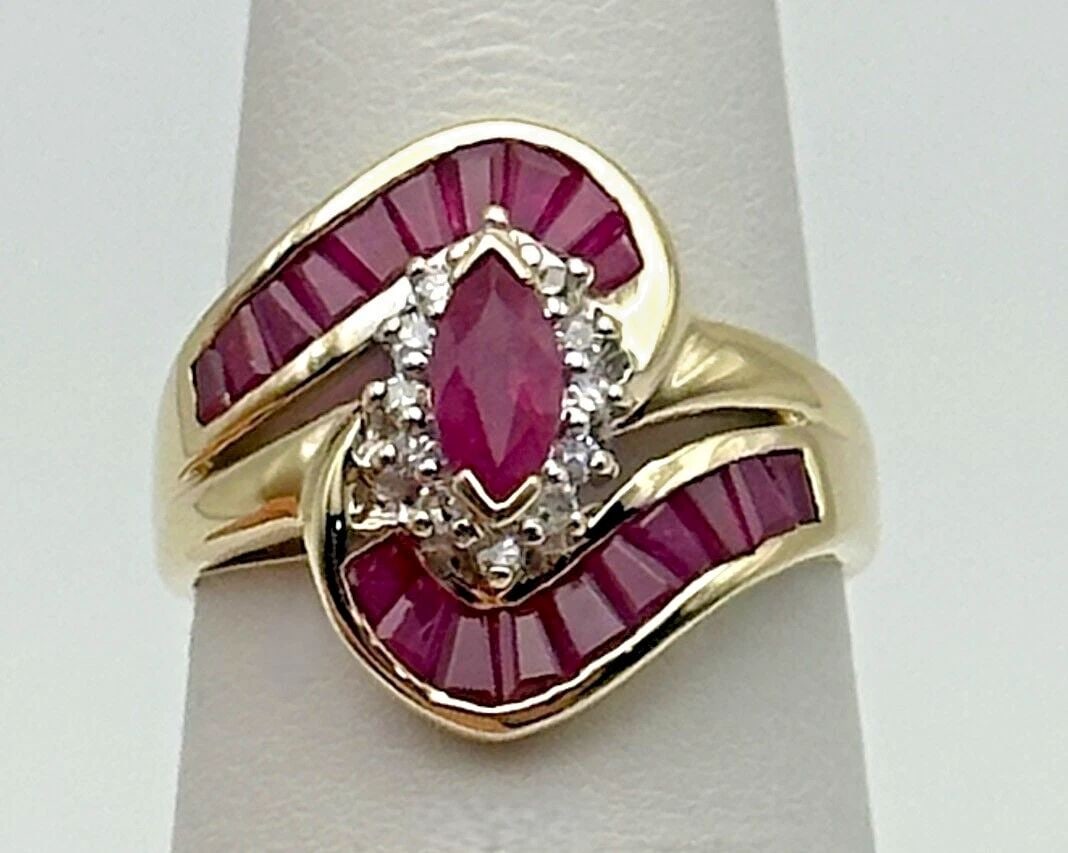 10K GOLD MARQUISE RING, 1.5CTW NATURAL RUBIES, 0.18CTW DIAMONDS (SIZE 7) 3.8G (1 of 2)