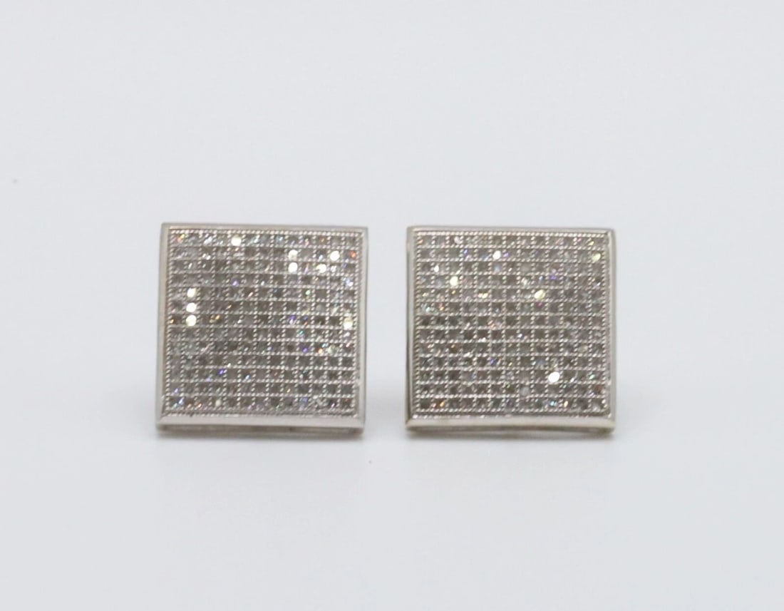 10K WHITE GOLD SQUARE EARRINGS WITH 1.00CTS MICRO PAVE DIAMONDS 4.2G (1 of 1)