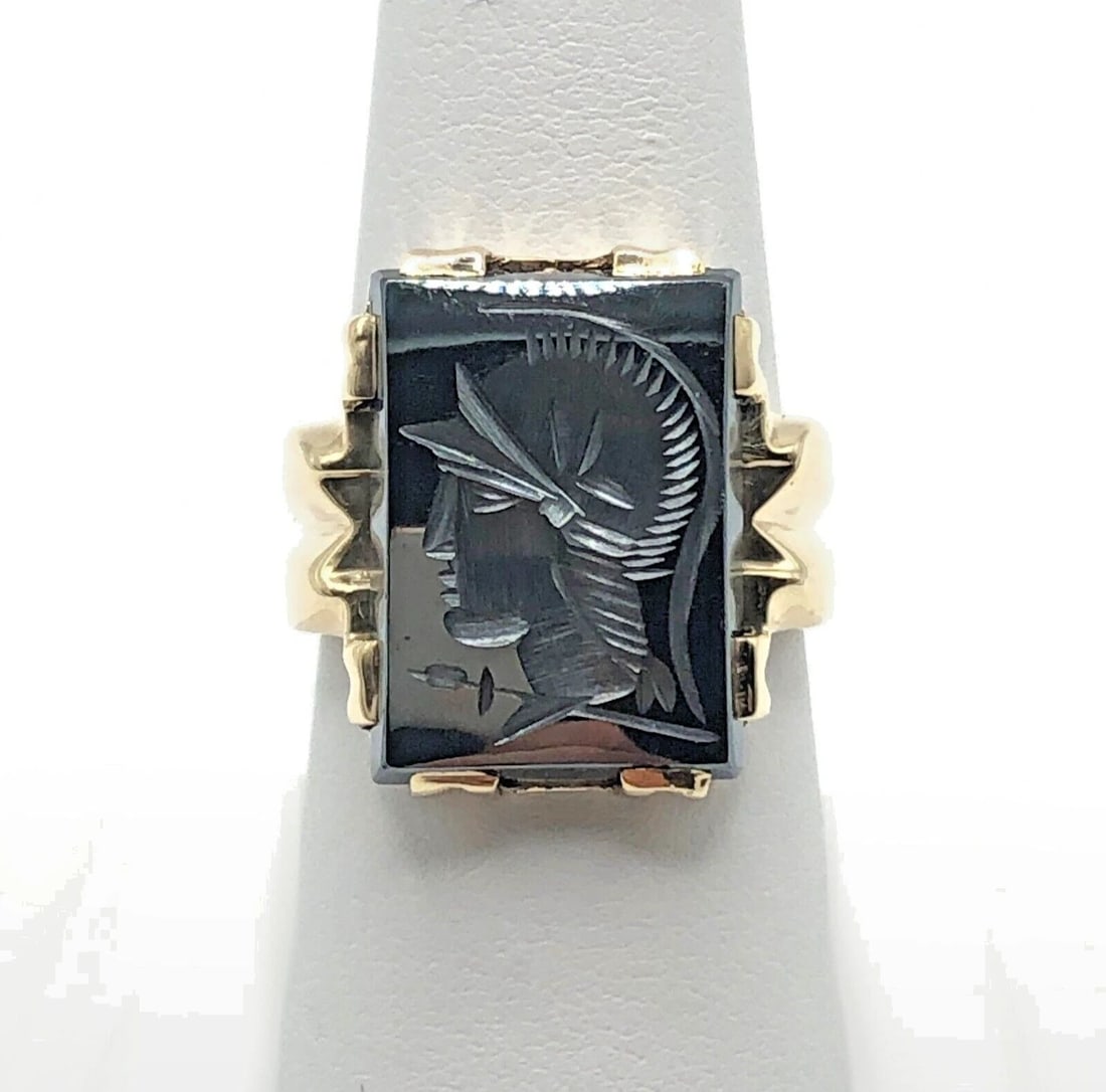 10K YELLOW GOLD RECTANGLE HEMATITE WARRIOR RING (SIZE 7.5) 7.9 GRAM: 10K YELLOW GOLD RECTANGLE SHAPED HEMATITE WARRIOR RING SIZE: 7.5 10k Yellow Gold Rectangle shaped Hematite Warrior Ring You are bidding on a 10k Yellow Gold Rectangle shaped Hematite Warrior Ring. The