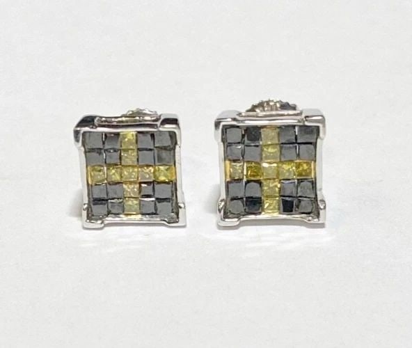 NEW 14K WHITE GOLD SQUARE EARRINGS WITH 1.10CTW BLACK/YELLOW DIAMONDS 2.7 GRAMS: 14K WHITE GOLD SQUARE EARRINGS WITH 1.10CTS BLACK AND YELLOW DIAMONDS 14k White Gold Square Earrings with 1.10CTS Black and Yellow Diamonds You are bidding on a new with tags 14k White Gold Square Ear