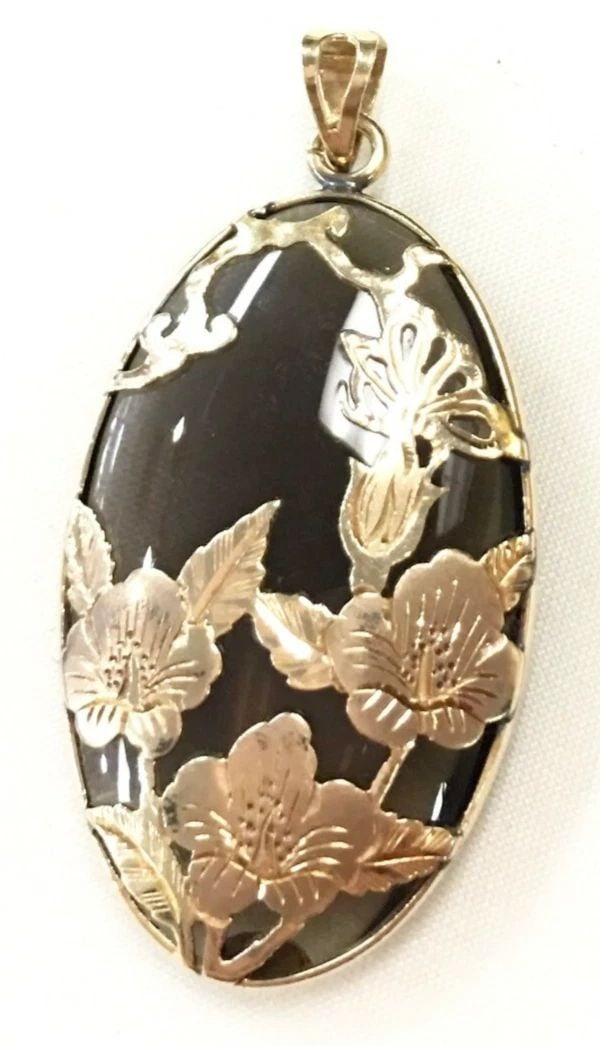 ANTIQUE PENDANT 14K YELLOW GOLD FLORAL FRAME WITH SMOKEY QUARTZ 4.6G (1 of 1)